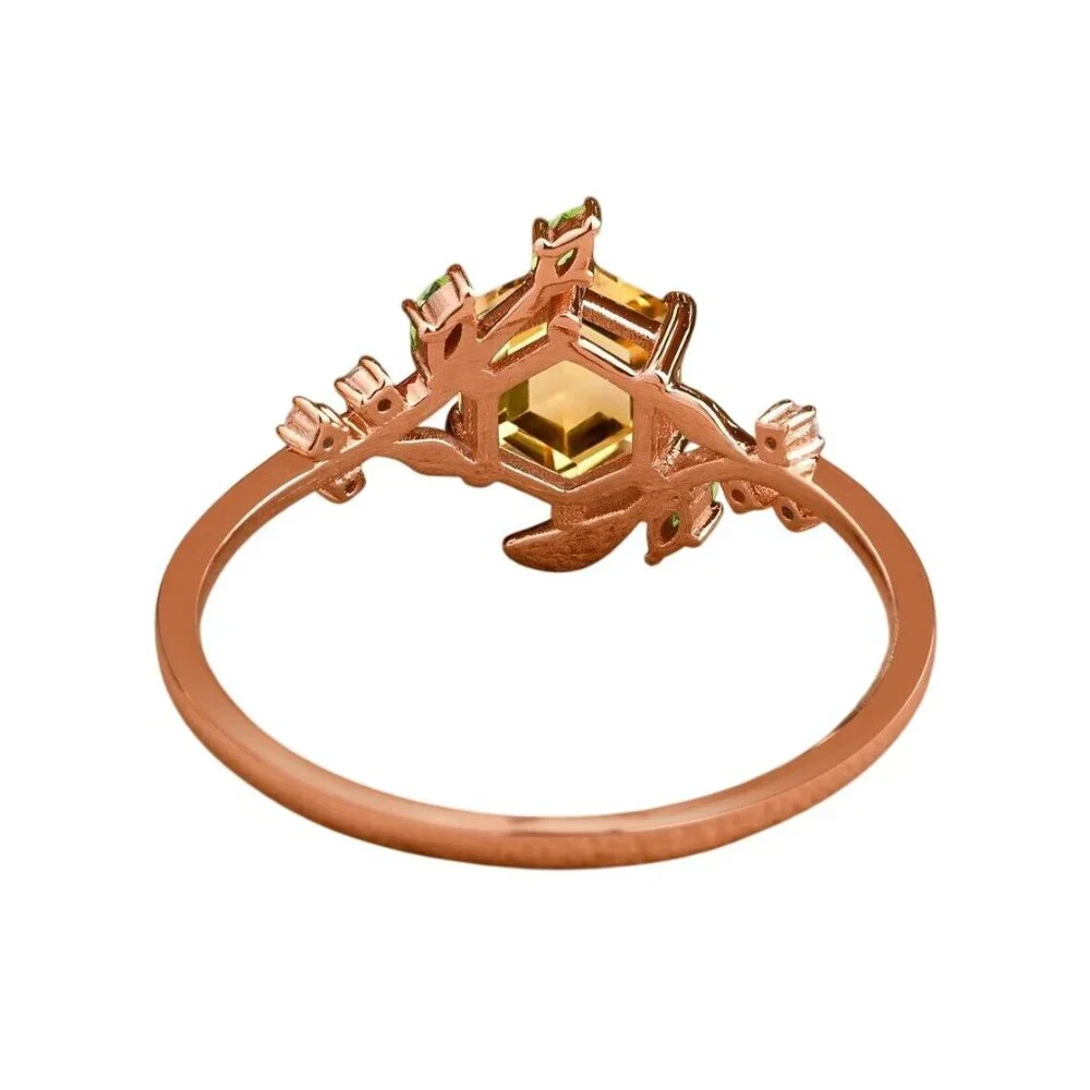 Hexagon Cut Citrine & Peridot Engagement Bridal Ring in Timeless rose gold